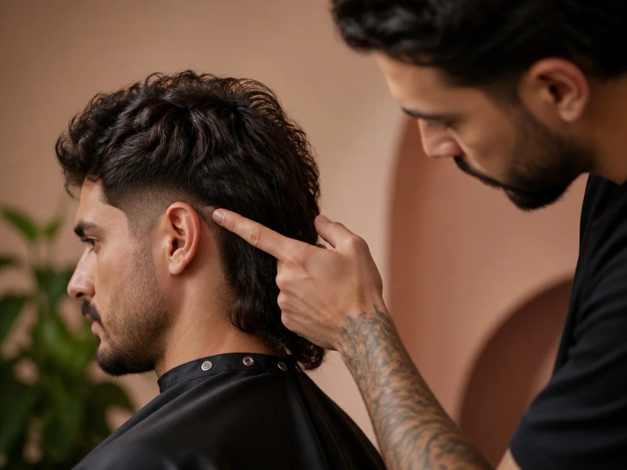 A barber checking taper height on a thick haired mullet