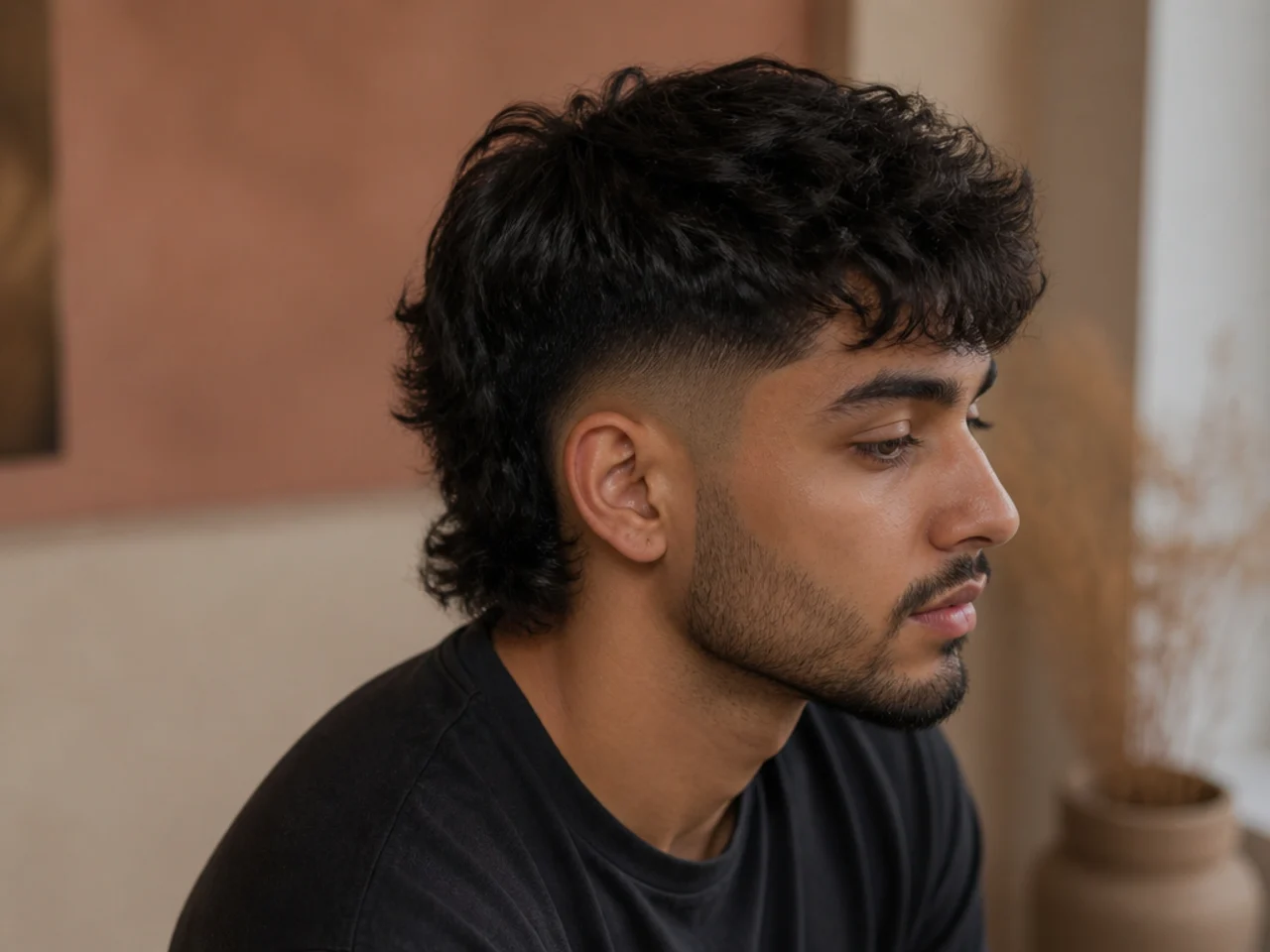 Three quarter view of a mullet taper fade