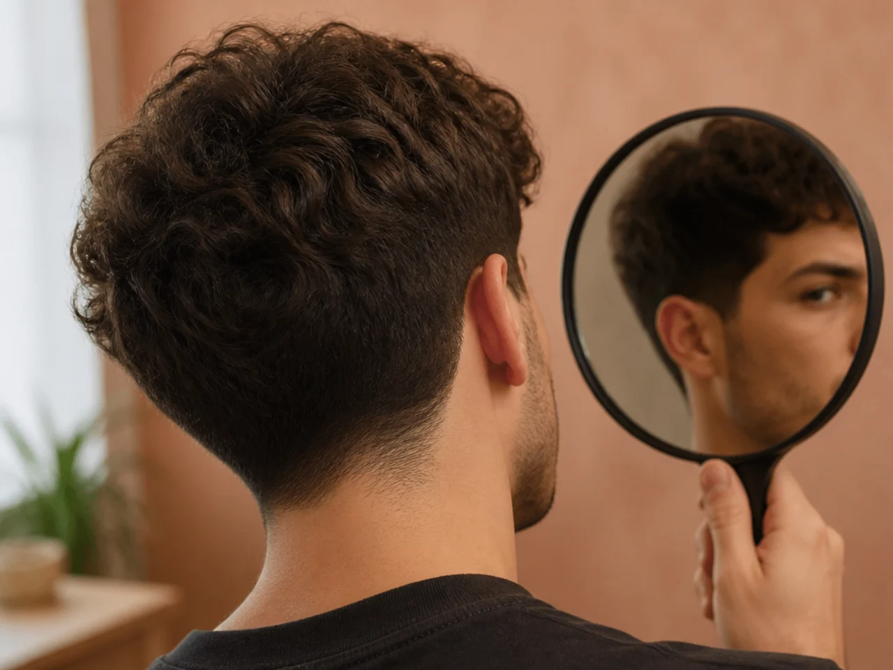 A nape strip being checked in a hand mirror