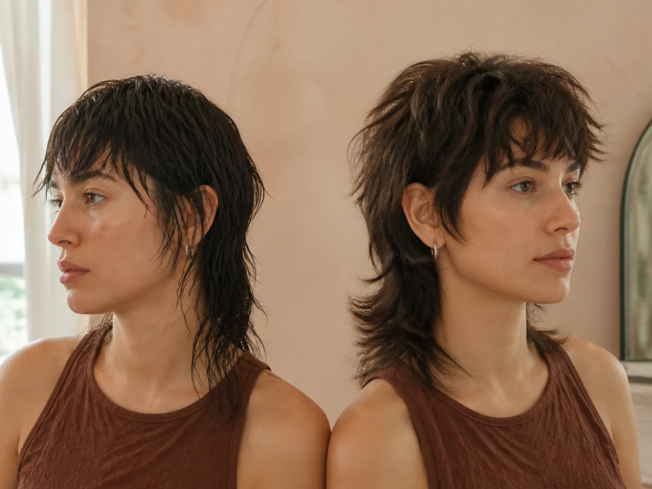 A wet mullet next to the same cut dried