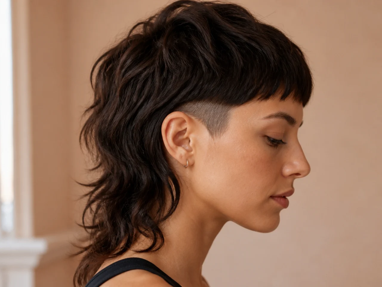 An uneven taper line above the ear on a mullet