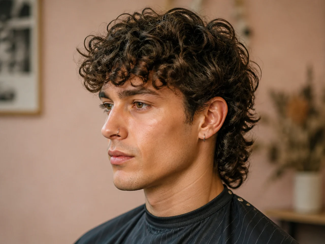 Curly fringe mullet with type 3 curls lifting at the forehead over a mullet nape