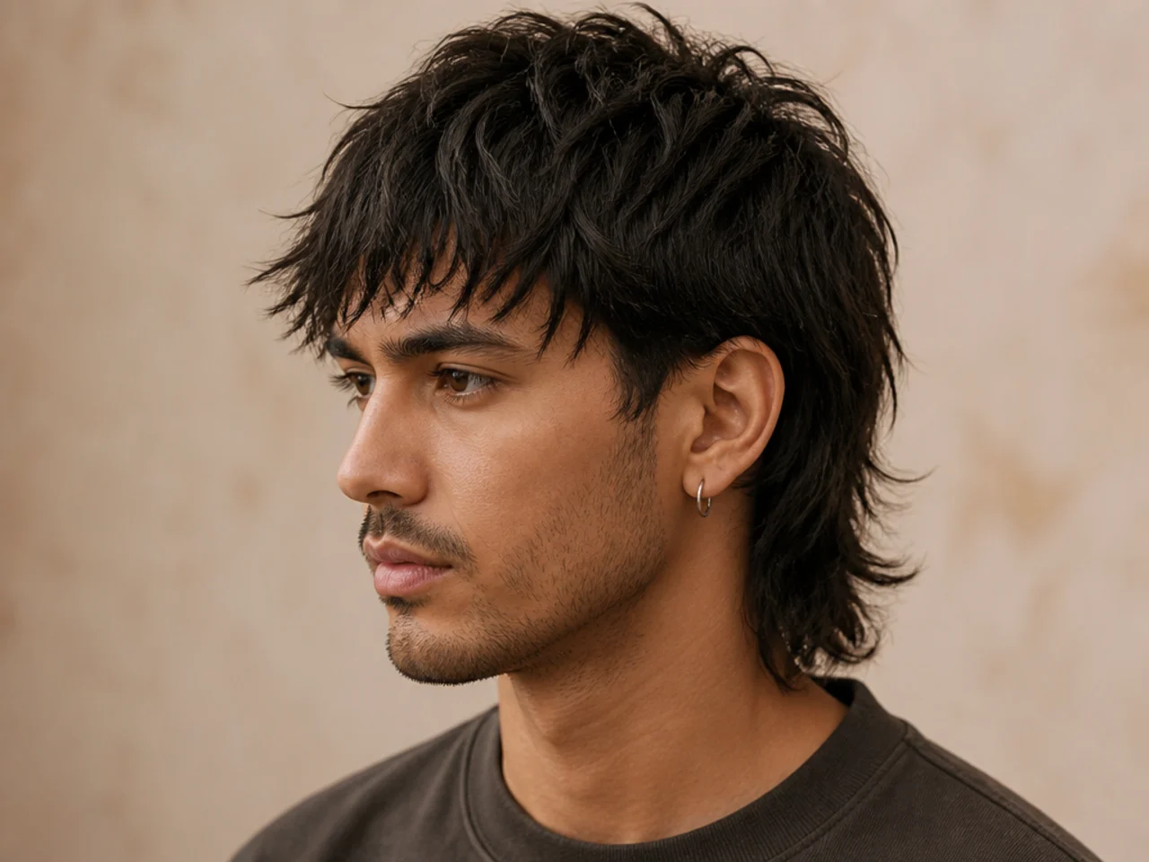 Piecey fringe mullet with heavily point-cut fringe falling in defined pieces