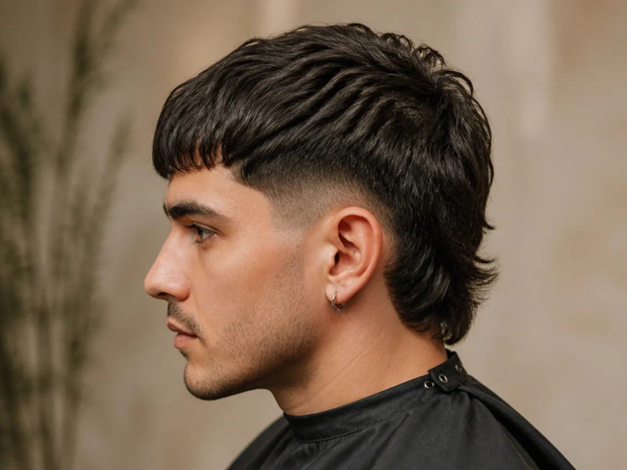 Fringe mullet with low fade at the sideburn and textured fringe on top