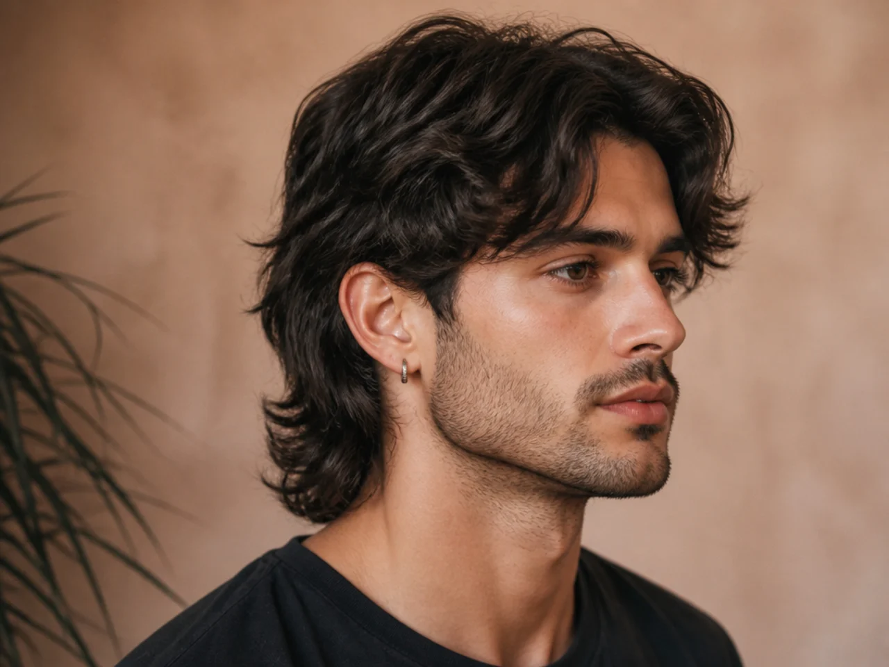 Split fringe mullet with fringe deliberately parted at center and pushed apart