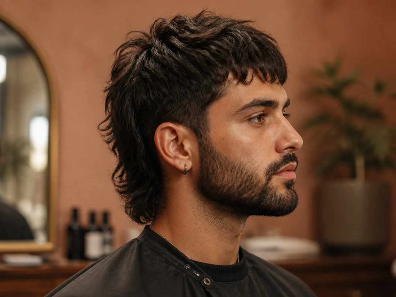 Fringe mullet paired with a full matched-grade beard on a man in his early thirties