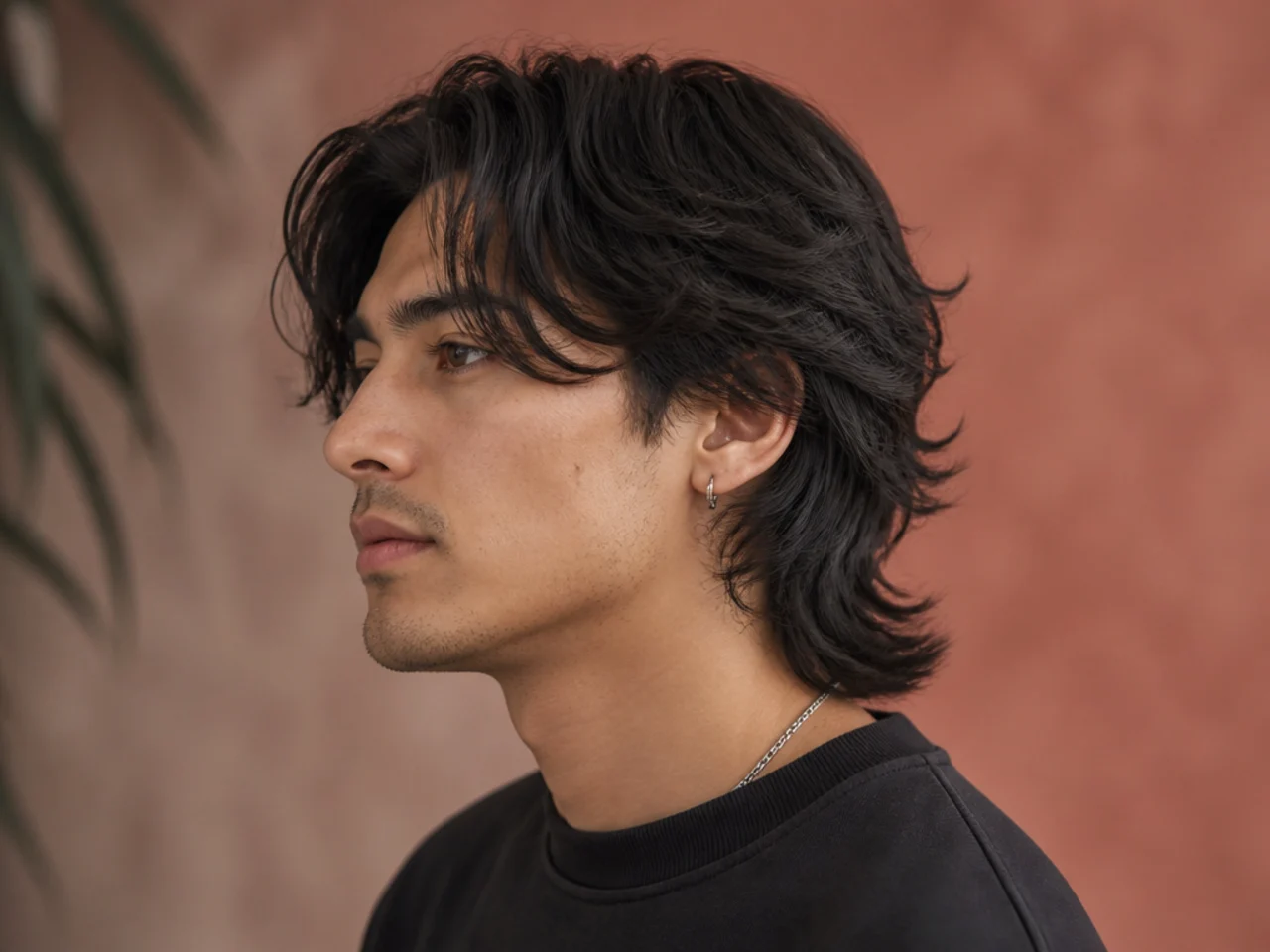 Curtain fringe mullet with center-parted fringe falling to either side of the forehead