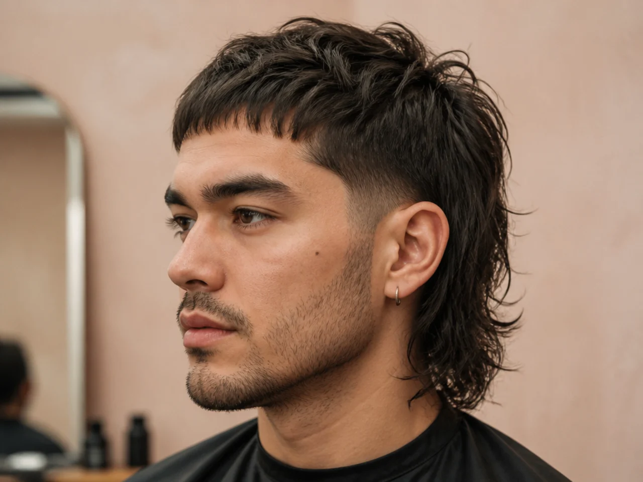 Micro fringe mullet with short fringe stopping at the mid-forehead