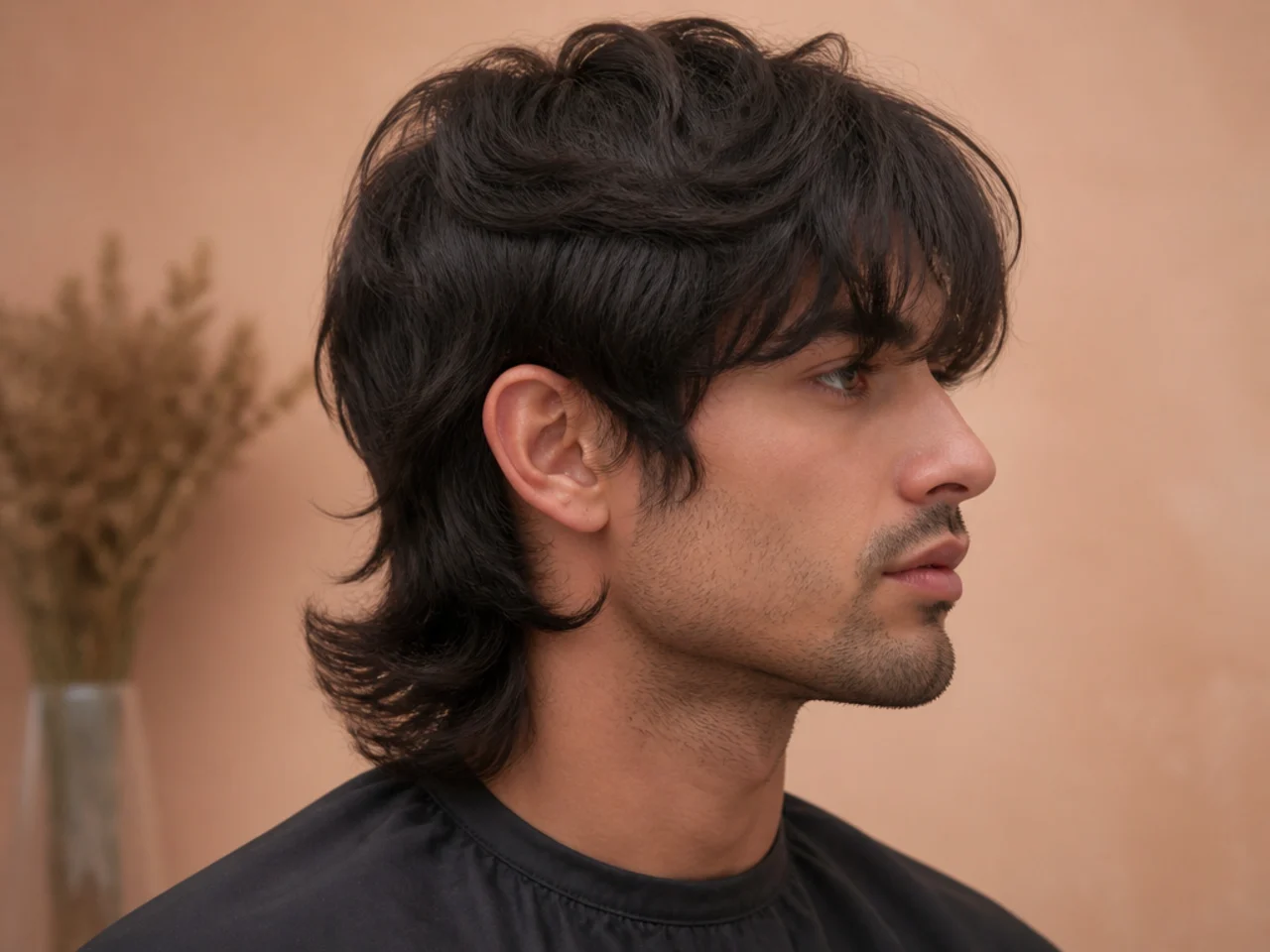 Long fringe mullet with fringe falling past the cheekbones