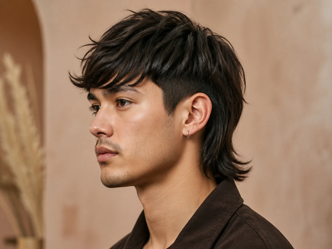 Side-swept fringe mullet with fringe swept across the forehead to one side