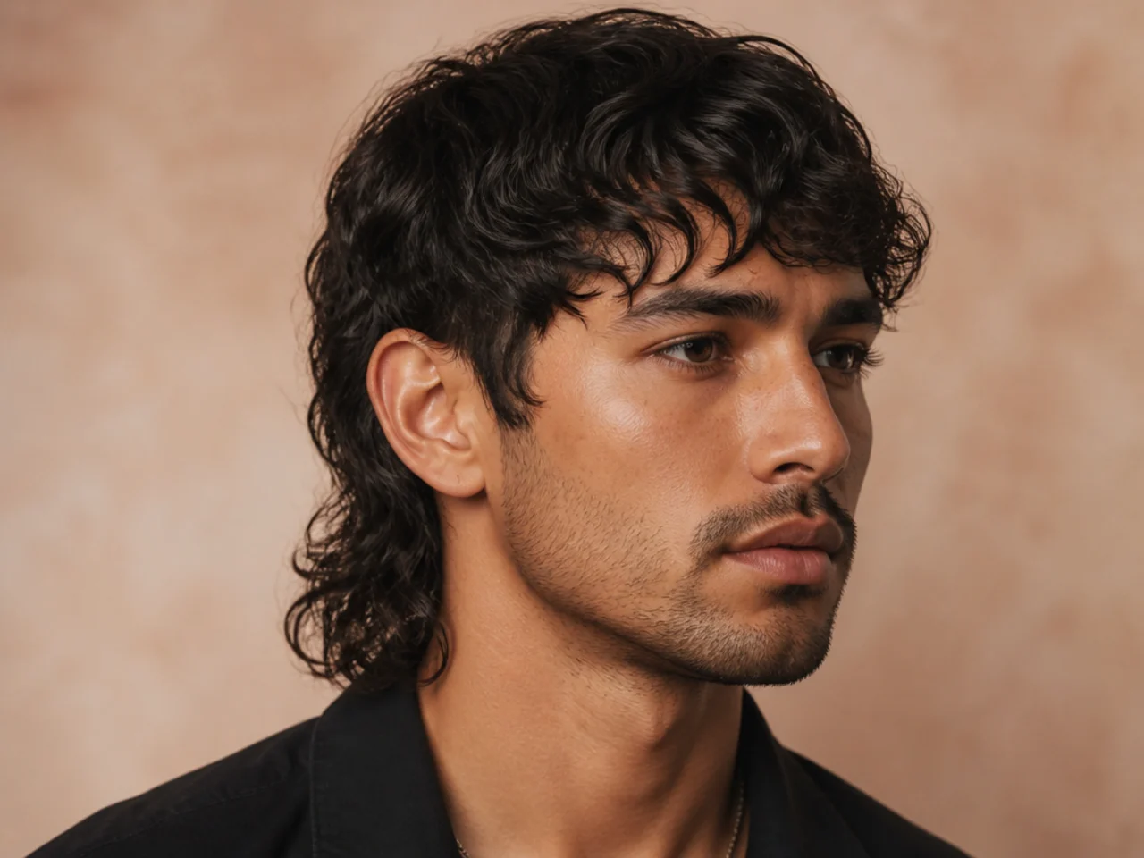 Comma fringe mullet with fringe curling inward in a comma shape at the forehead