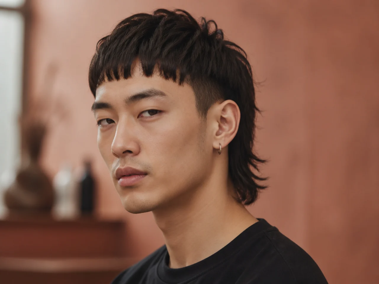 Edgar fringe mullet with hard flat straight-across fringe and clean skin fade