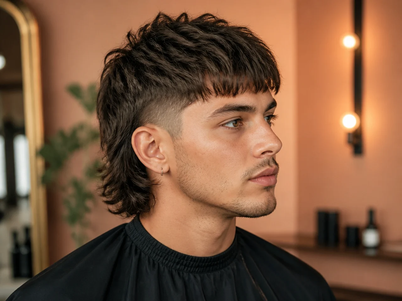 Barber and client discussing fringe mullet reference photos in a modern barbershop