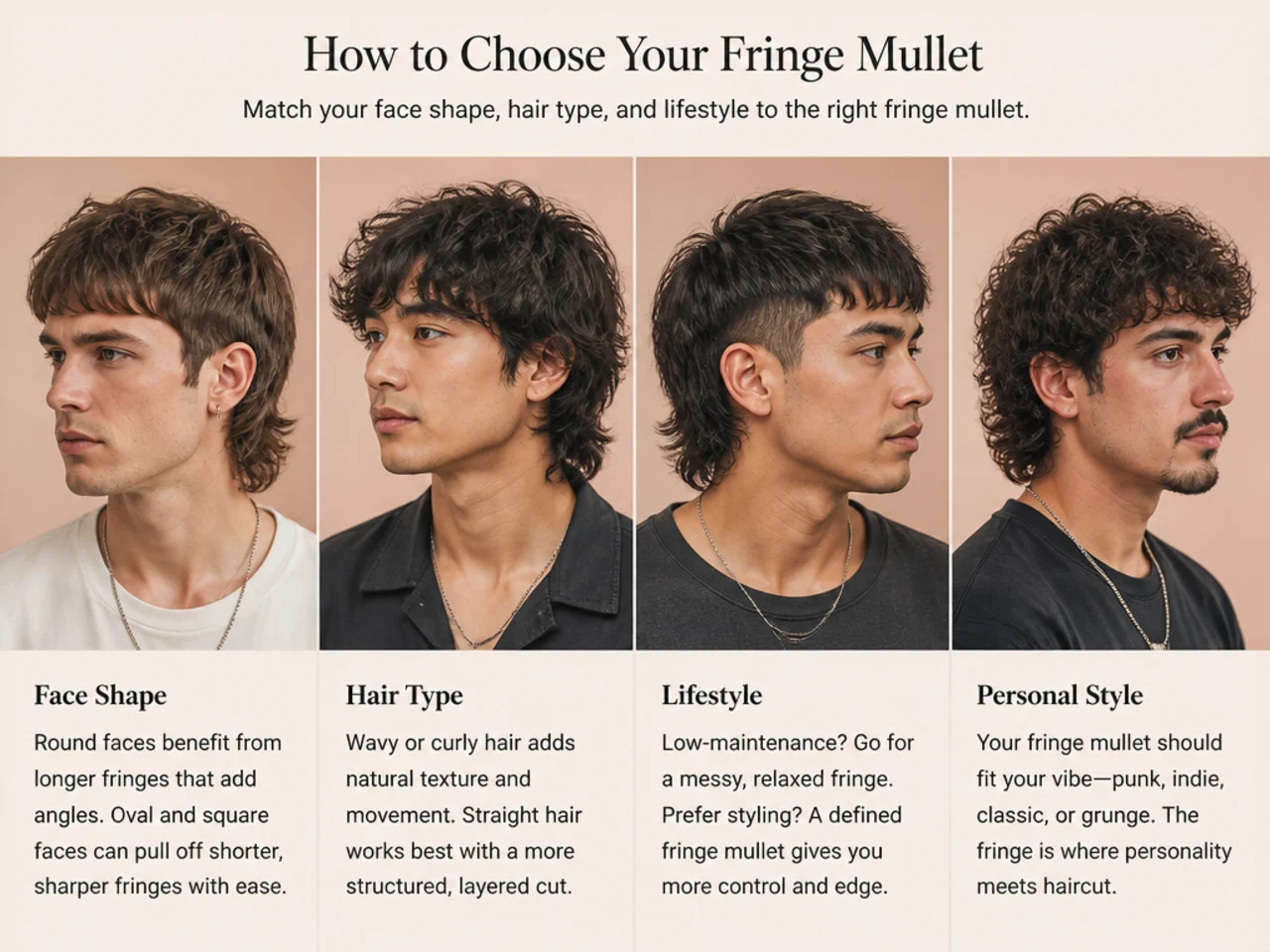 Triptych of three fringe mullet variations on men with different face shapes