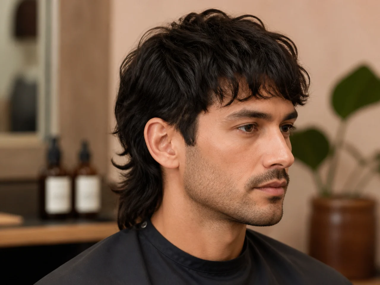 Styling products for a fringe mullet — matte paste, salt spray, round brush, blow dryer