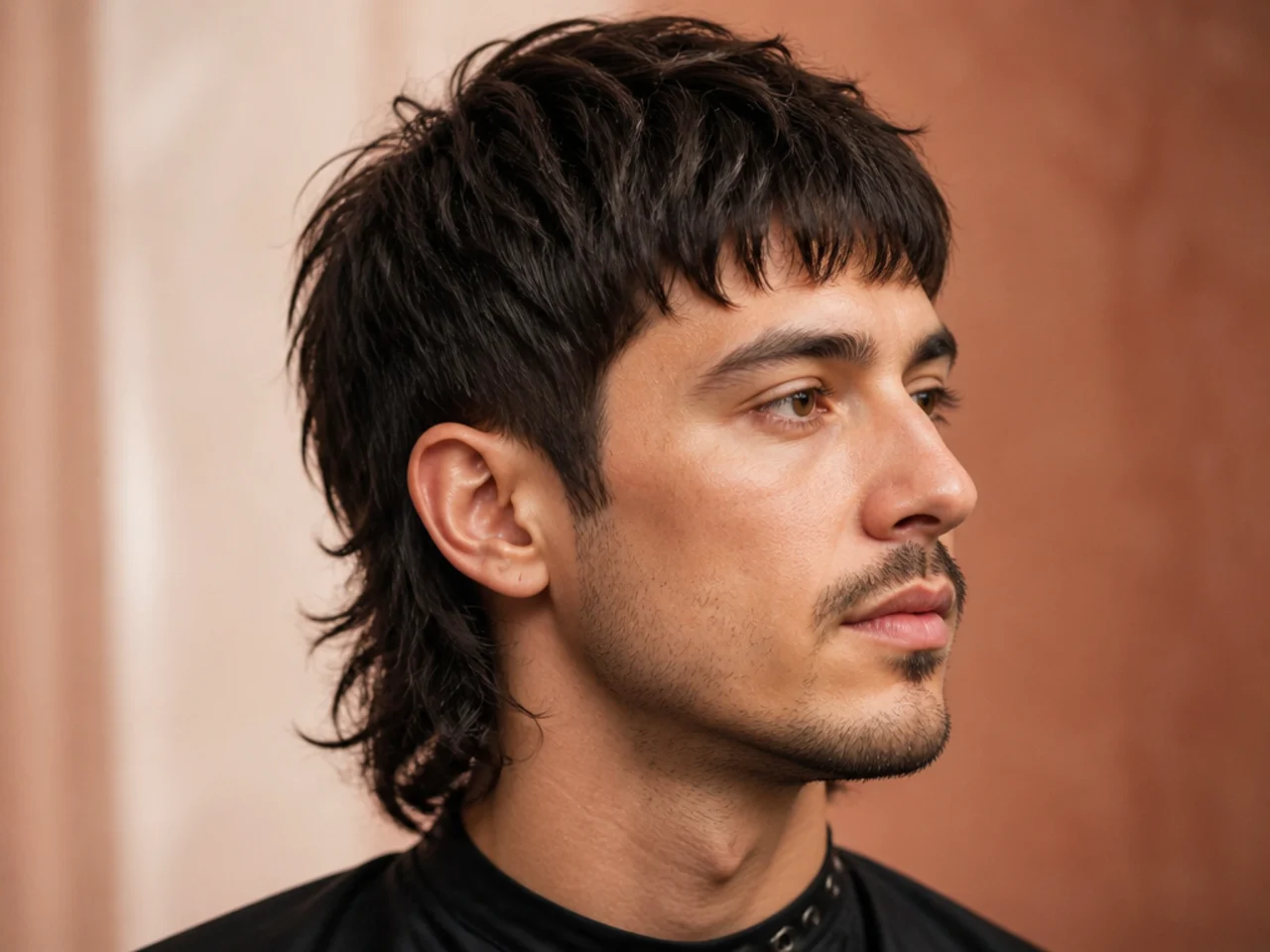 Side-profile diagram of a fringe mullet showing forward fringe, layered crown, and long feathered nape