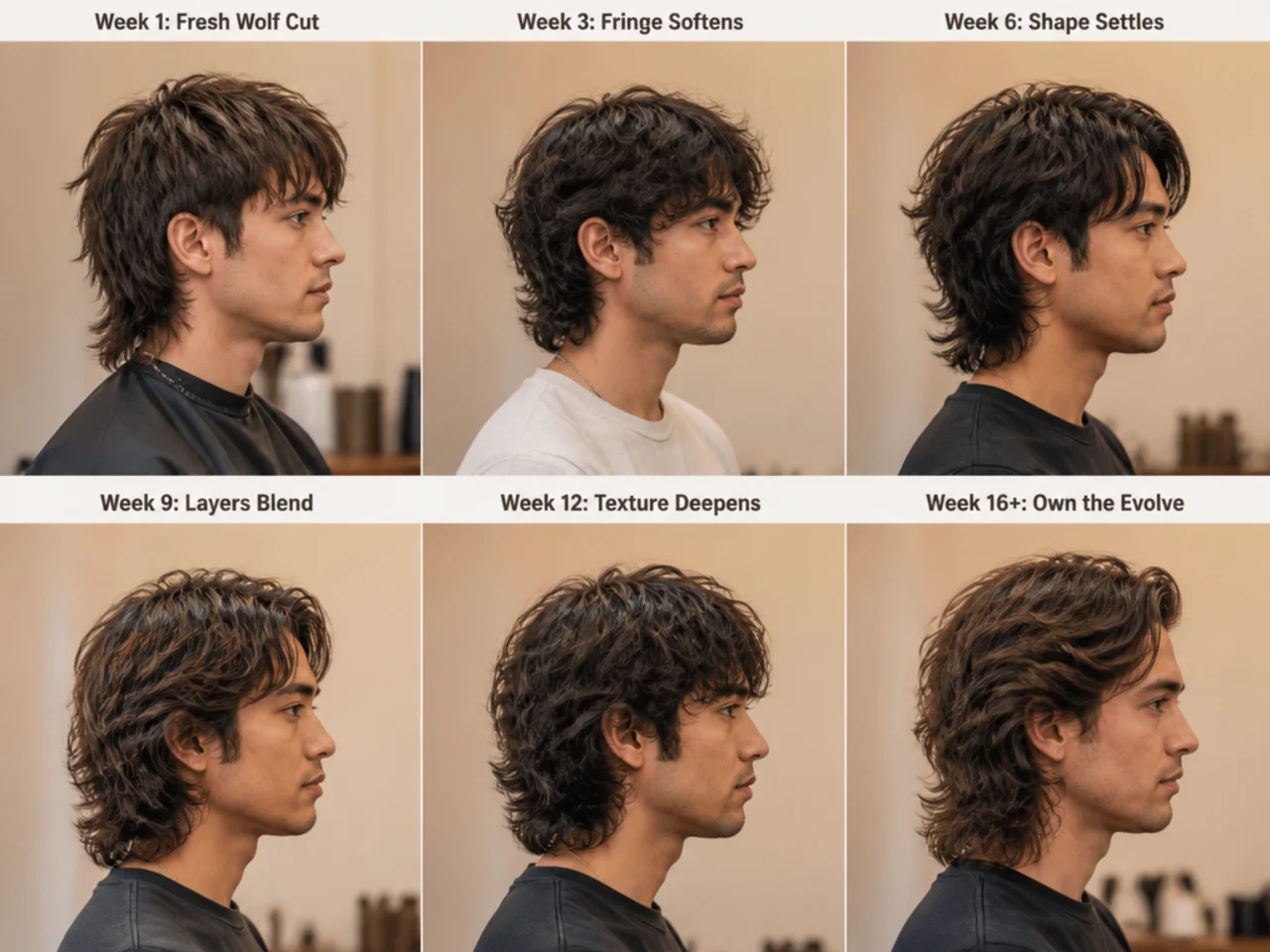 Wolf cut grow-out timeline with four phases marked from fresh cut to full mullet-wolf hybrid
