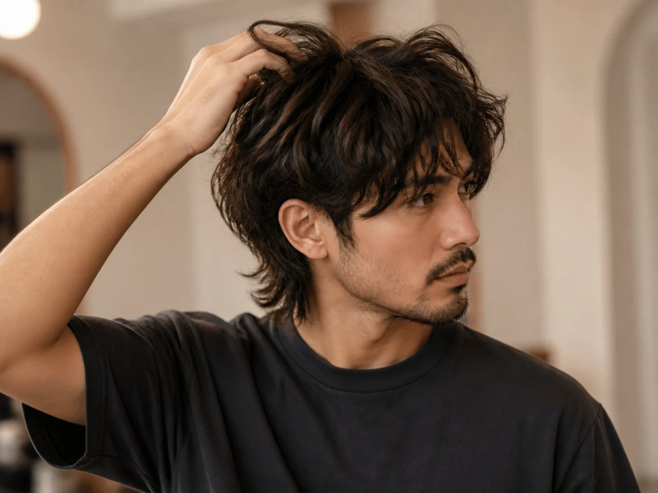 Man lifting his wolf cut crown with fingers instead of a comb after towel-drying