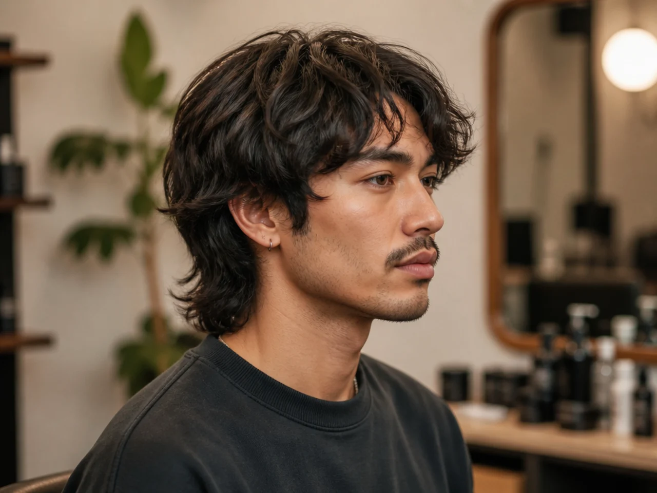 Man styling through the awkward mushroom phase of a wolf cut grow-out with fringe pushed back and side clip