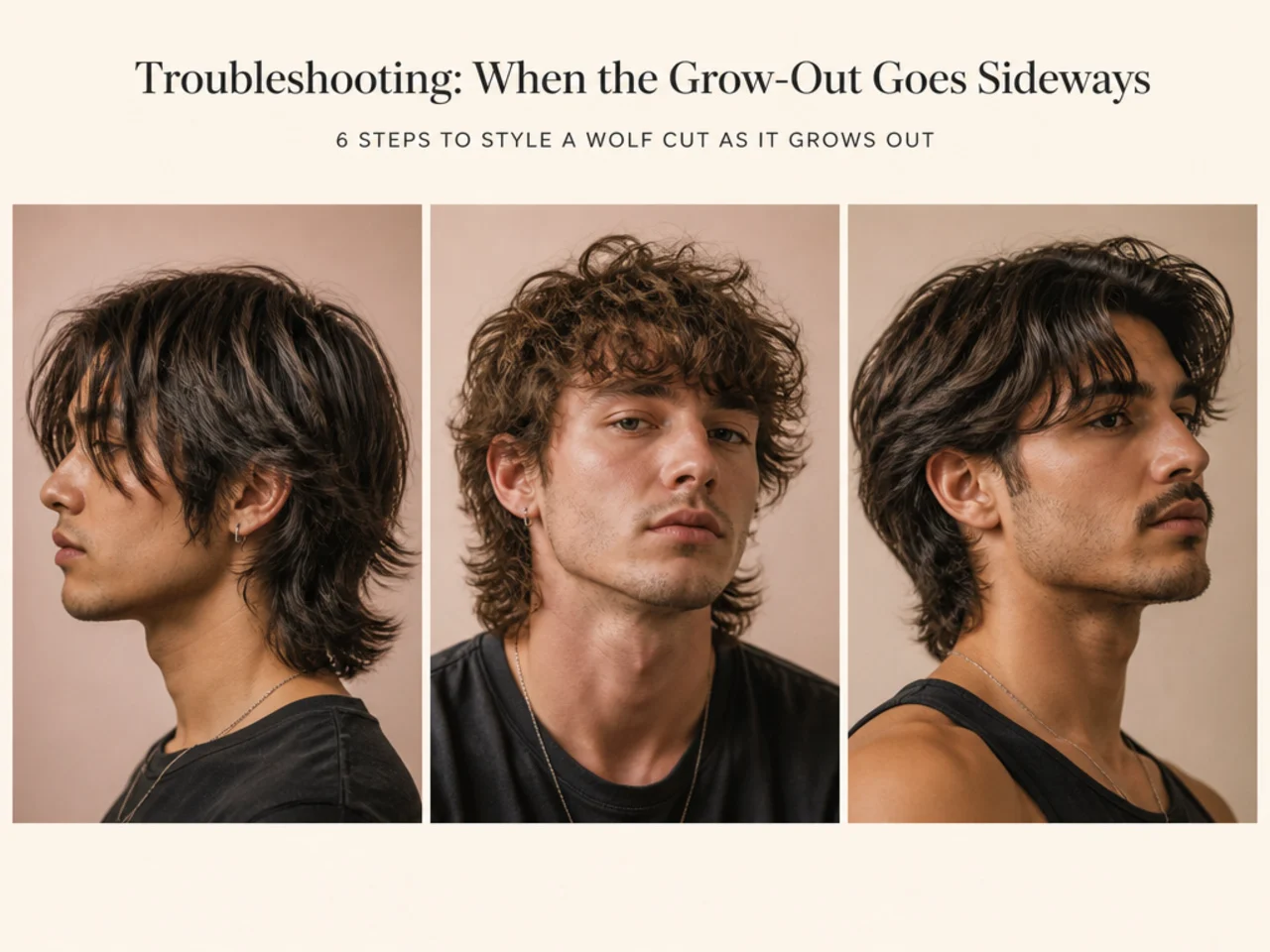 Split-frame reference showing common wolf cut grow-out problems next to their corrected fixes