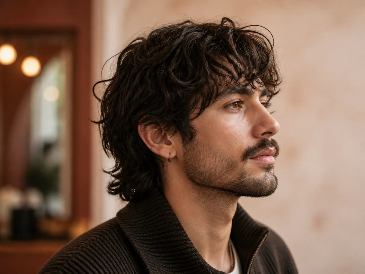 Man reviewing his wolf cut grow-out progress in a hand-mirror with the stylist