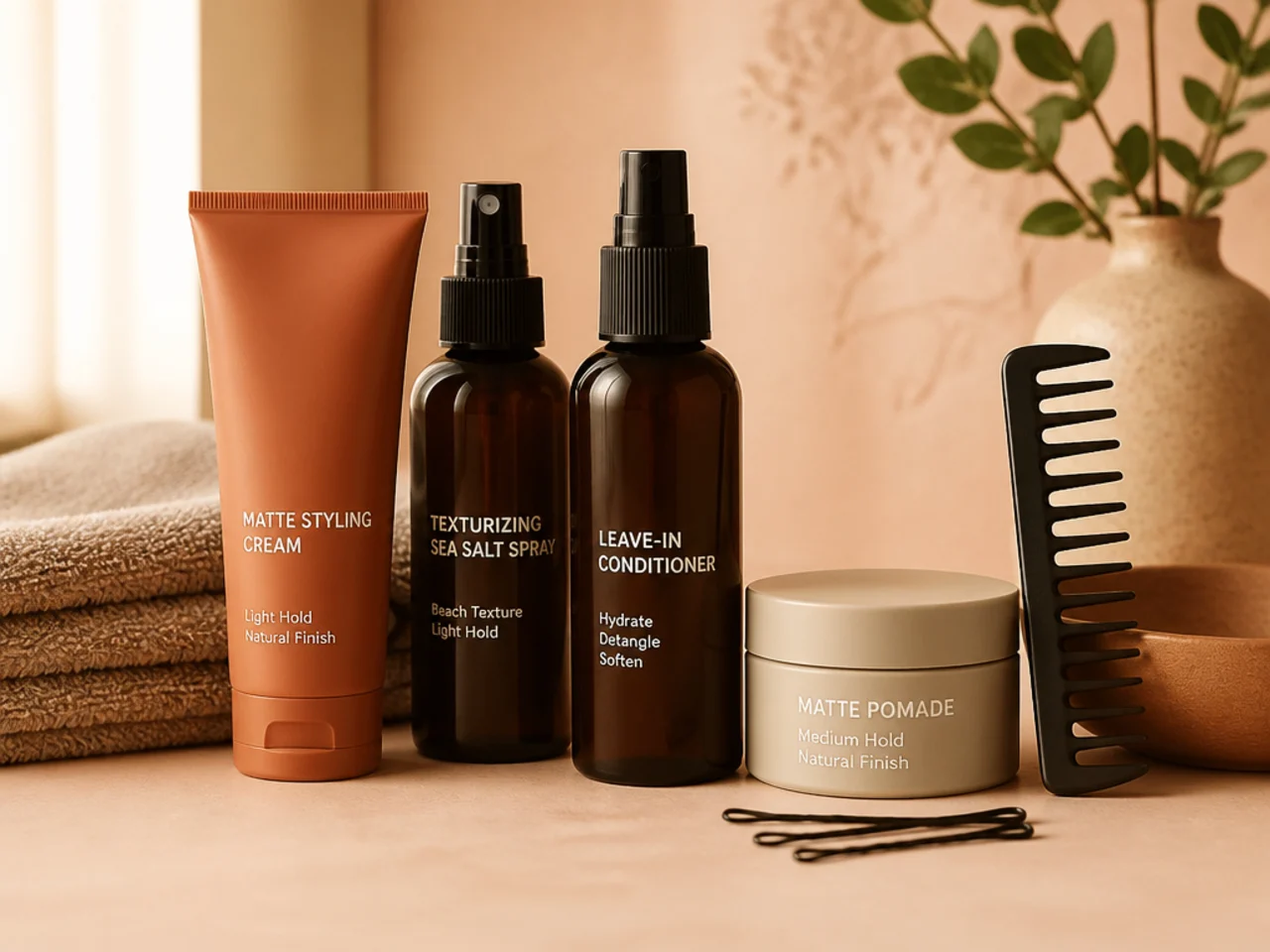 Wolf cut grow-out styling kit — matte clay, sea-salt spray, lightweight hairspray, wide-tooth comb, and reference photos
