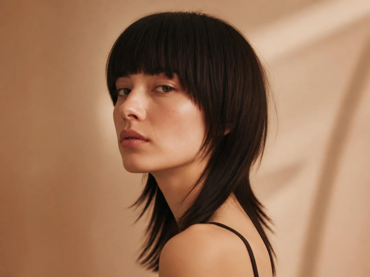 A blunt cut mullet on straight hair