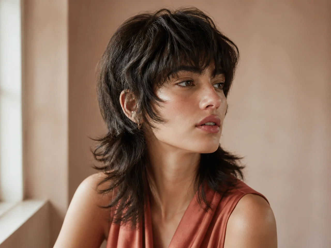 A mullet on thick hair with weight removed internally