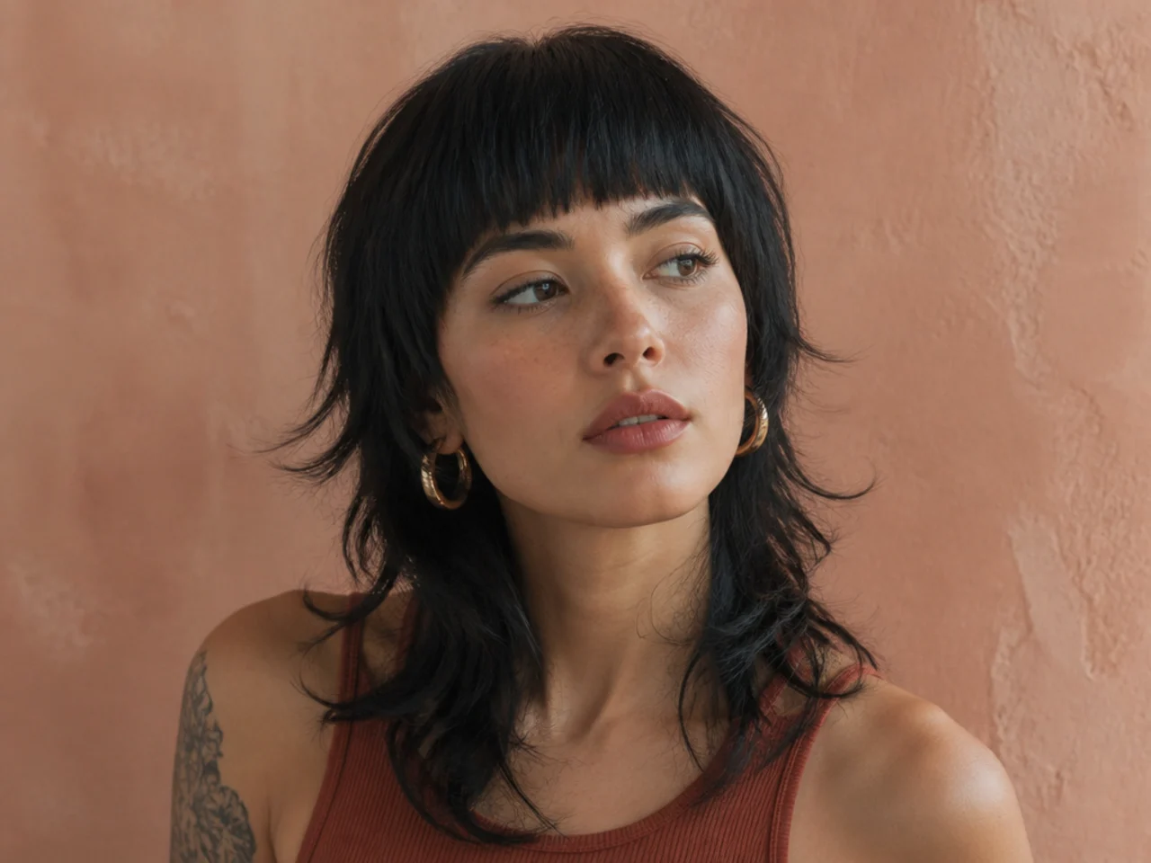 A mullet with a blunt fringe cut at the brow