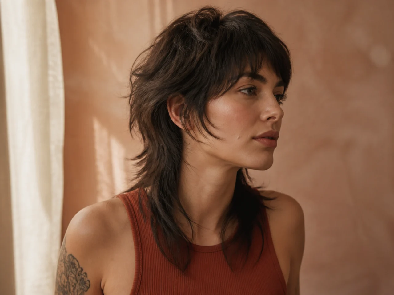 Three quarter view of a womens mullet haircut