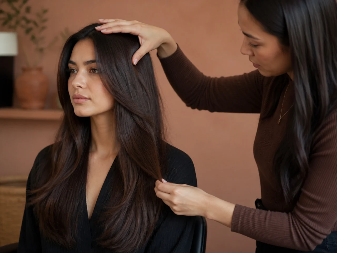 A stylist checking crown length against tail length