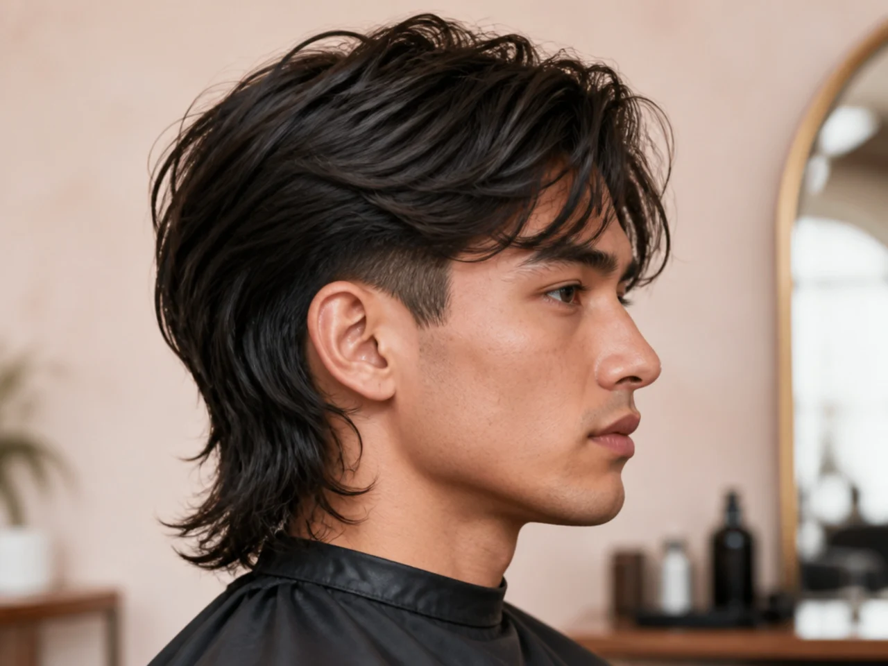 Long dramatic two block mullet with a five-inch top, hidden sides, and a four-inch mullet drop at the nape