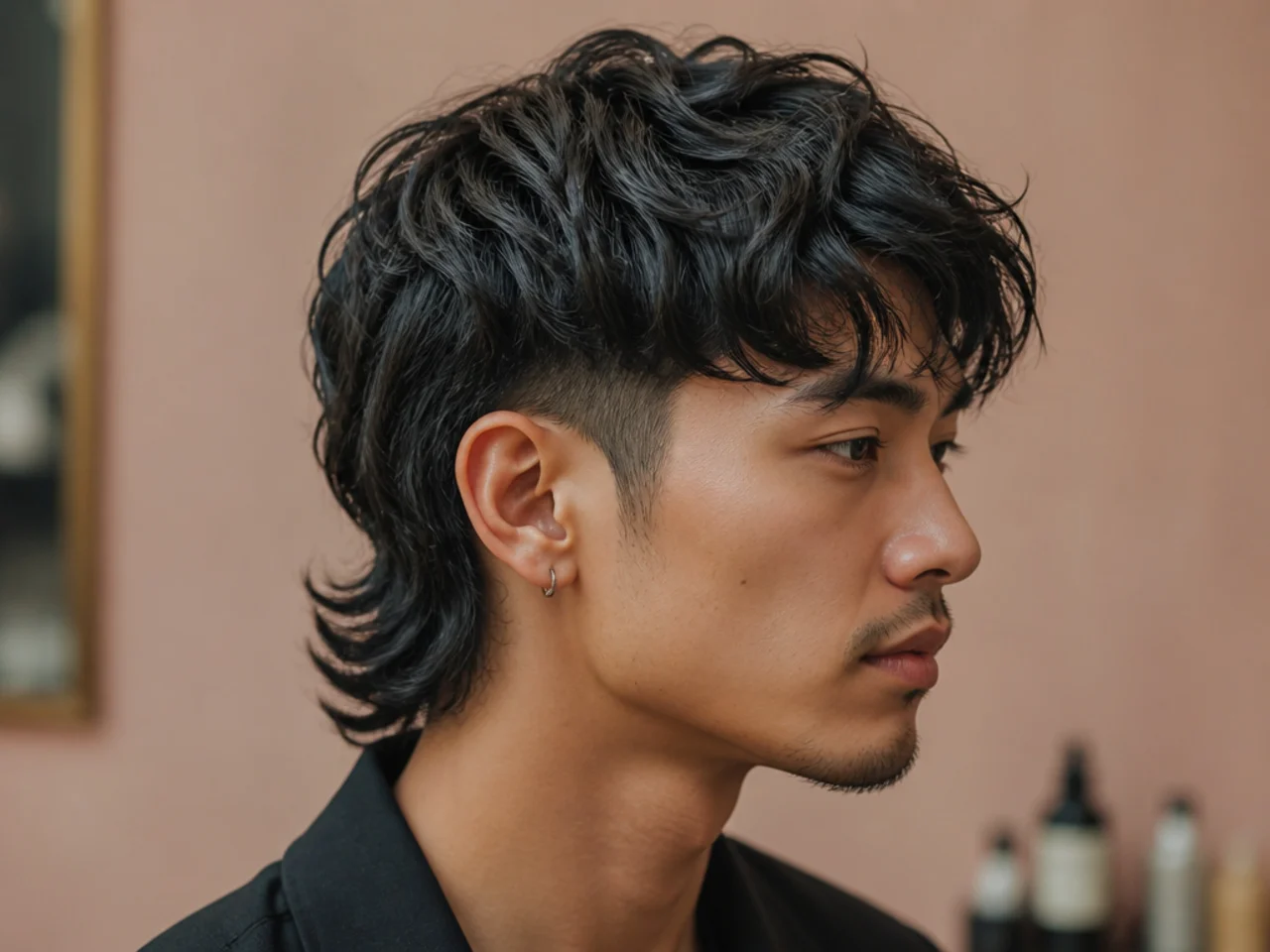 Wavy two block mullet on 2B wavy dark hair with a natural drape, hidden buzzed sides, and a textured mullet at the nape