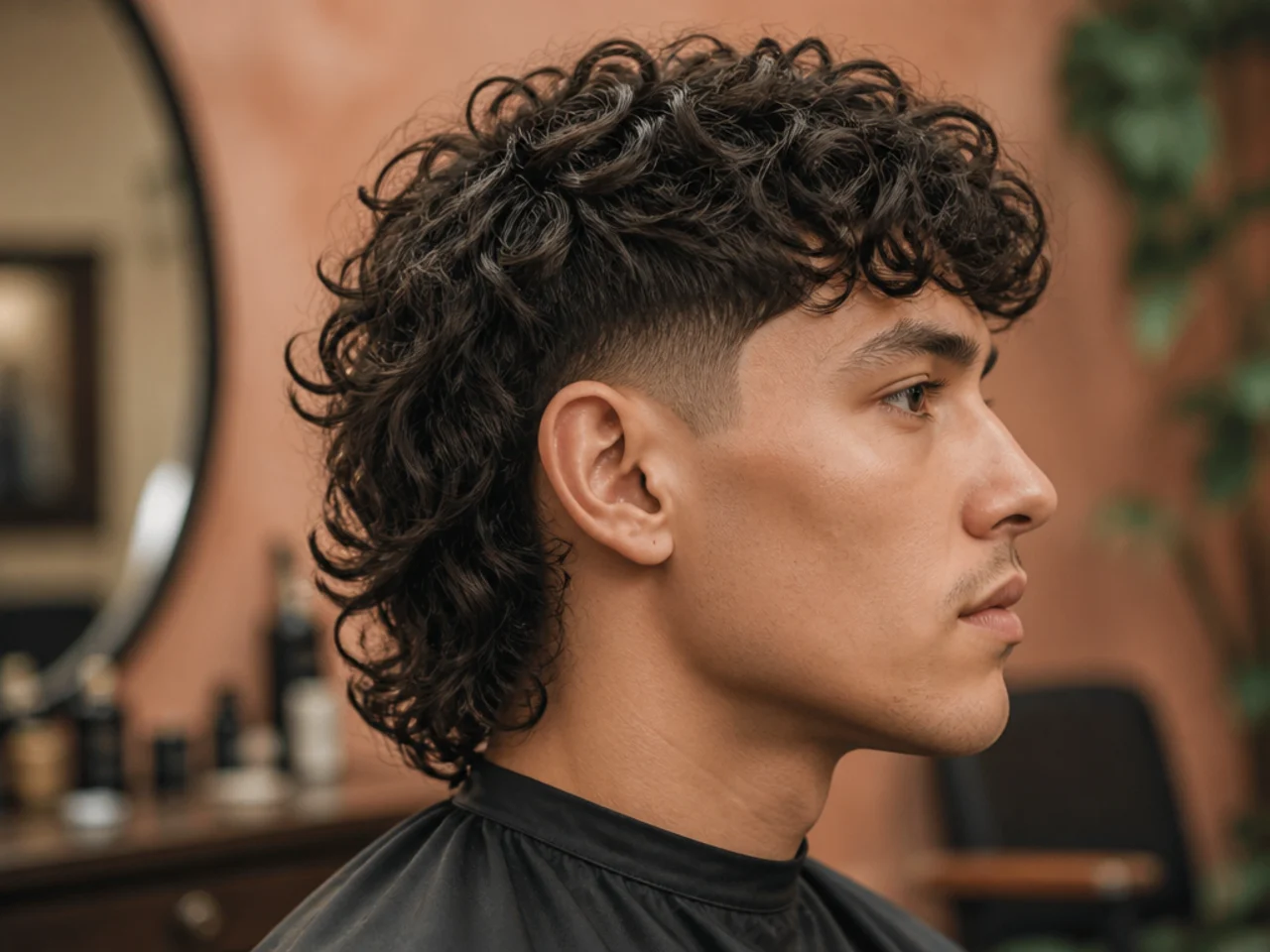 Curly two block mullet on 3A dark curls with a longer top layer, hidden buzzed sides, and a natural curly mullet drape at the nape