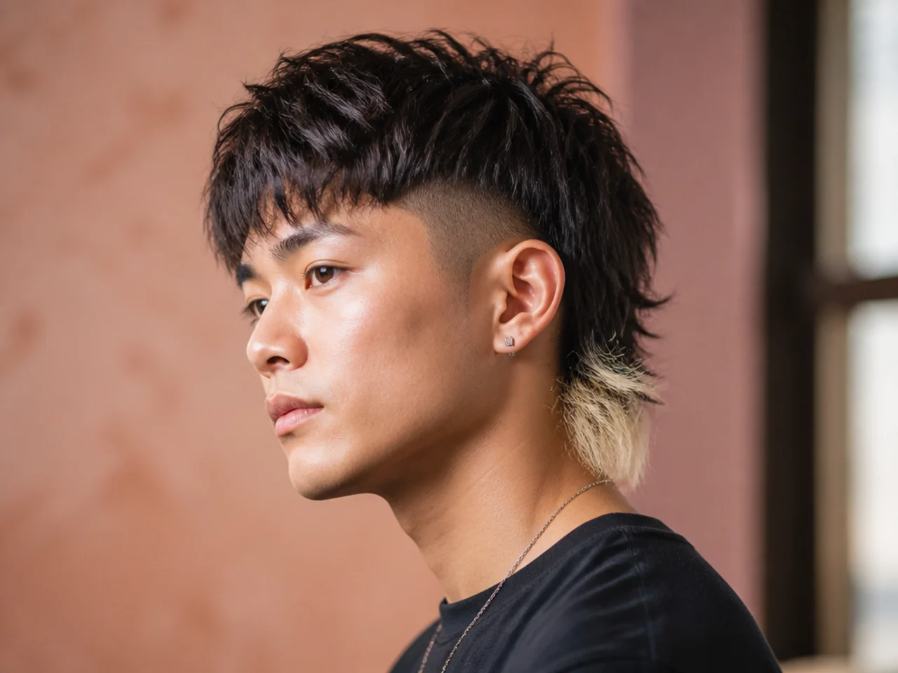 Bleached tip two block mullet with dark roots blending into bleached blond ends across the top and mullet nape