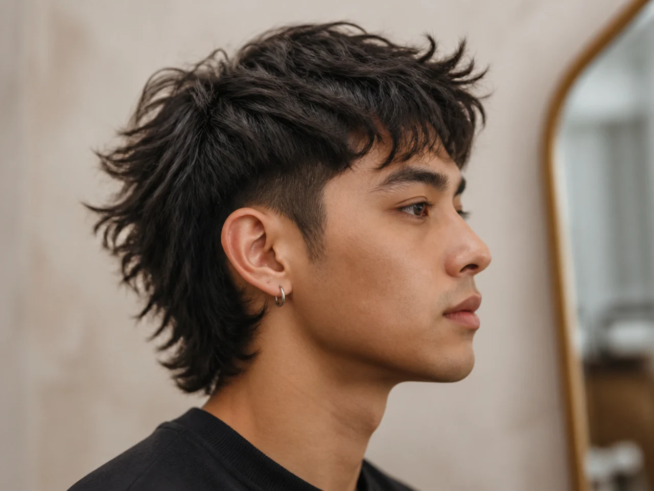 Wolf-layered two block mullet with heavy internal wolf-cut layers around the crown, hidden buzzed sides, and a feathered mullet drape at the nape