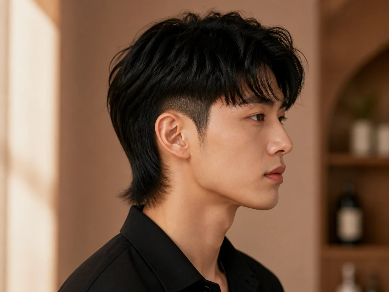 Korean idol two block mullet with silky straight hair, hidden 1 guard block, glossy top layer, and a controlled short mullet drop at the nape
