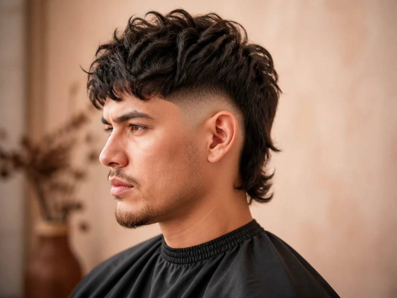 Skin fade two block mullet with sides taken to bare skin, a top layer covering the fade transition, and a bold mullet drop at the nape