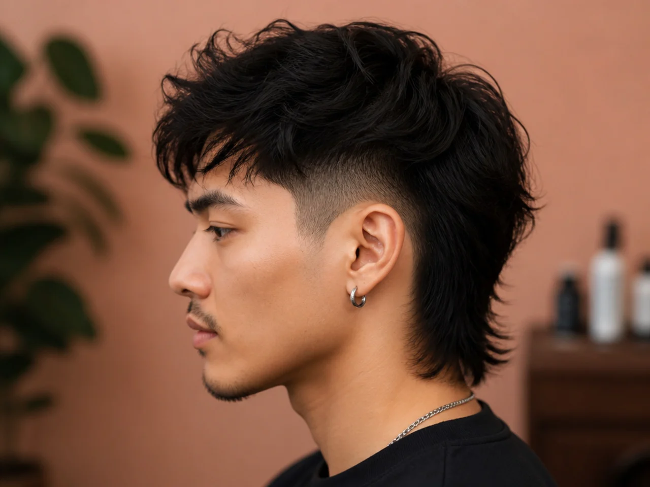 Undercut two block mullet with a hard disconnect line at temple height, buzzed sides, and a dramatic three-inch mullet drop at the nape