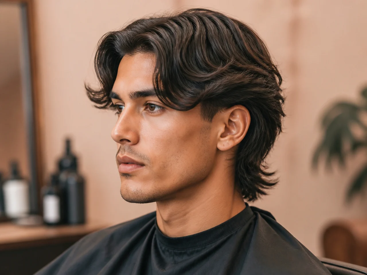 Middle part two block mullet with two soft curtains falling from a center part over hidden buzzed sides and a textured mullet at the nape