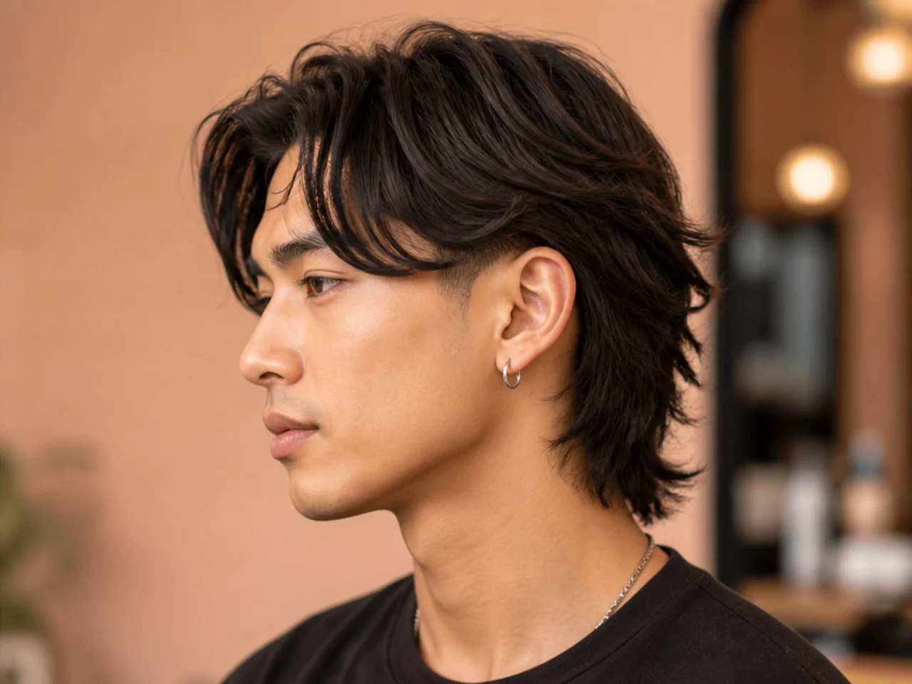 Curtain fringe two block mullet with a full soft forehead fringe parted at center, hidden sides, and a mullet drop at the nape