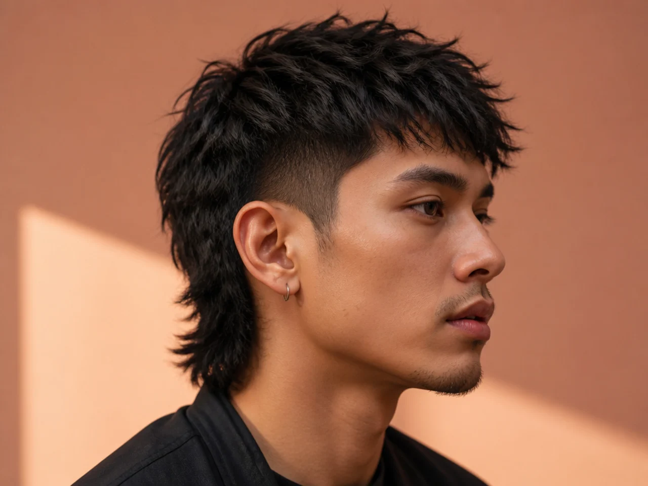 Choppy textured two block mullet with heavy point-cut layers, hidden sides, and a jagged mullet perimeter at the nape