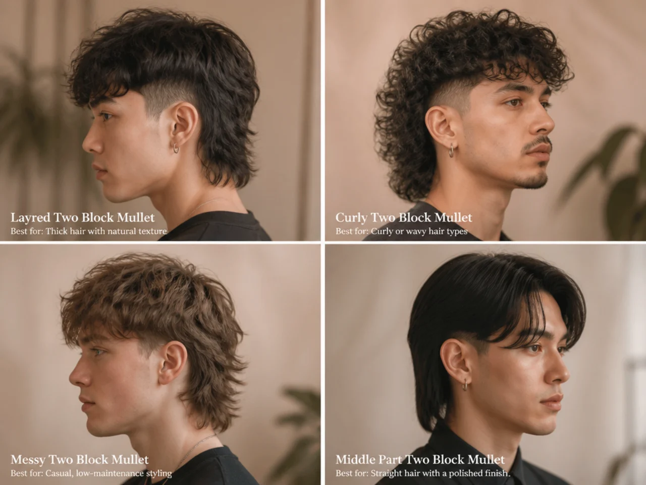 Reference photos of two block mullet haircut variations laid out on a warm blush-cream surface with a fine comb and curl cream