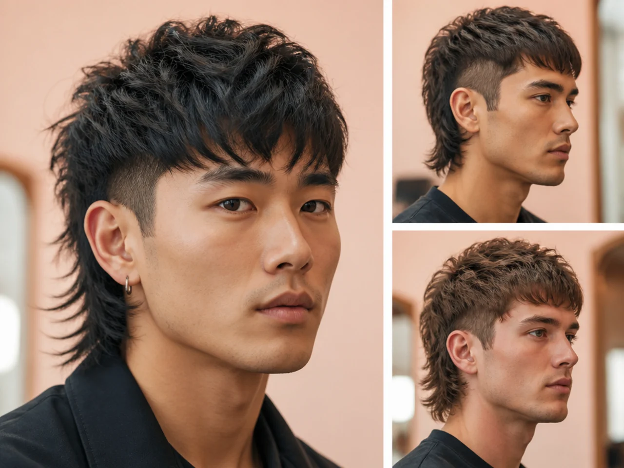 Bold two block mullet variation on straight dark hair with a skin fade and dramatic mullet drop at the nape