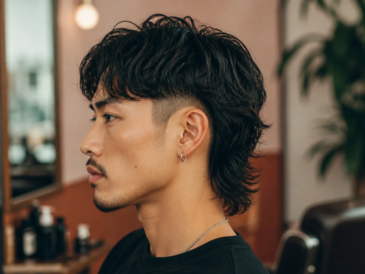 Flat lay of two block mullet haircut styling essentials — matte clay, sea-salt spray, wide-tooth comb, curl cream, setting mist