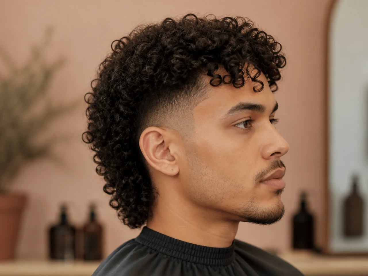 Two block mullet styled on 3B curly dark hair with a longer top layer and natural mullet drape at the nape
