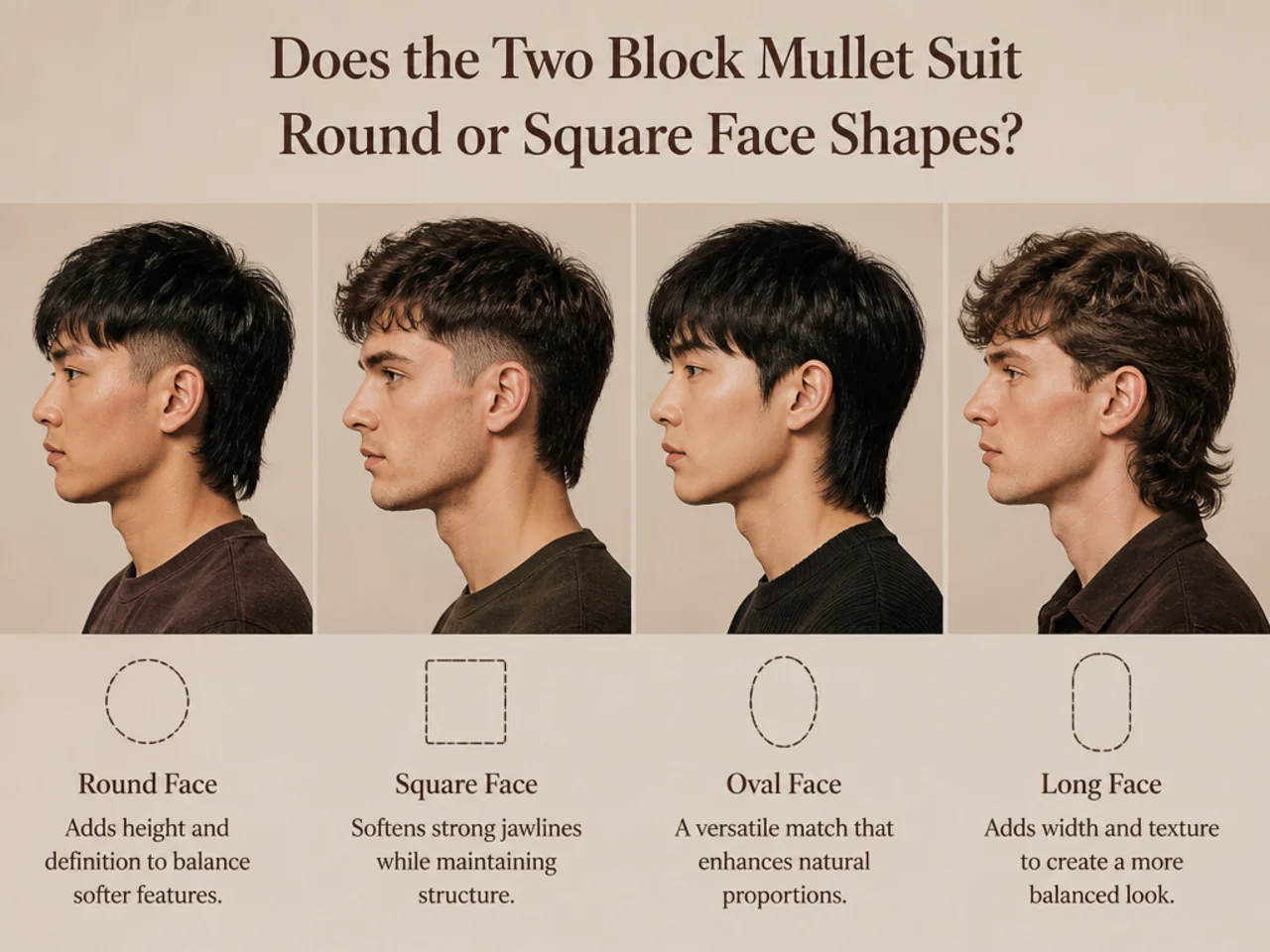 Two block mullet face shape guide showing four different silhouettes for round, square, oval, and long faces