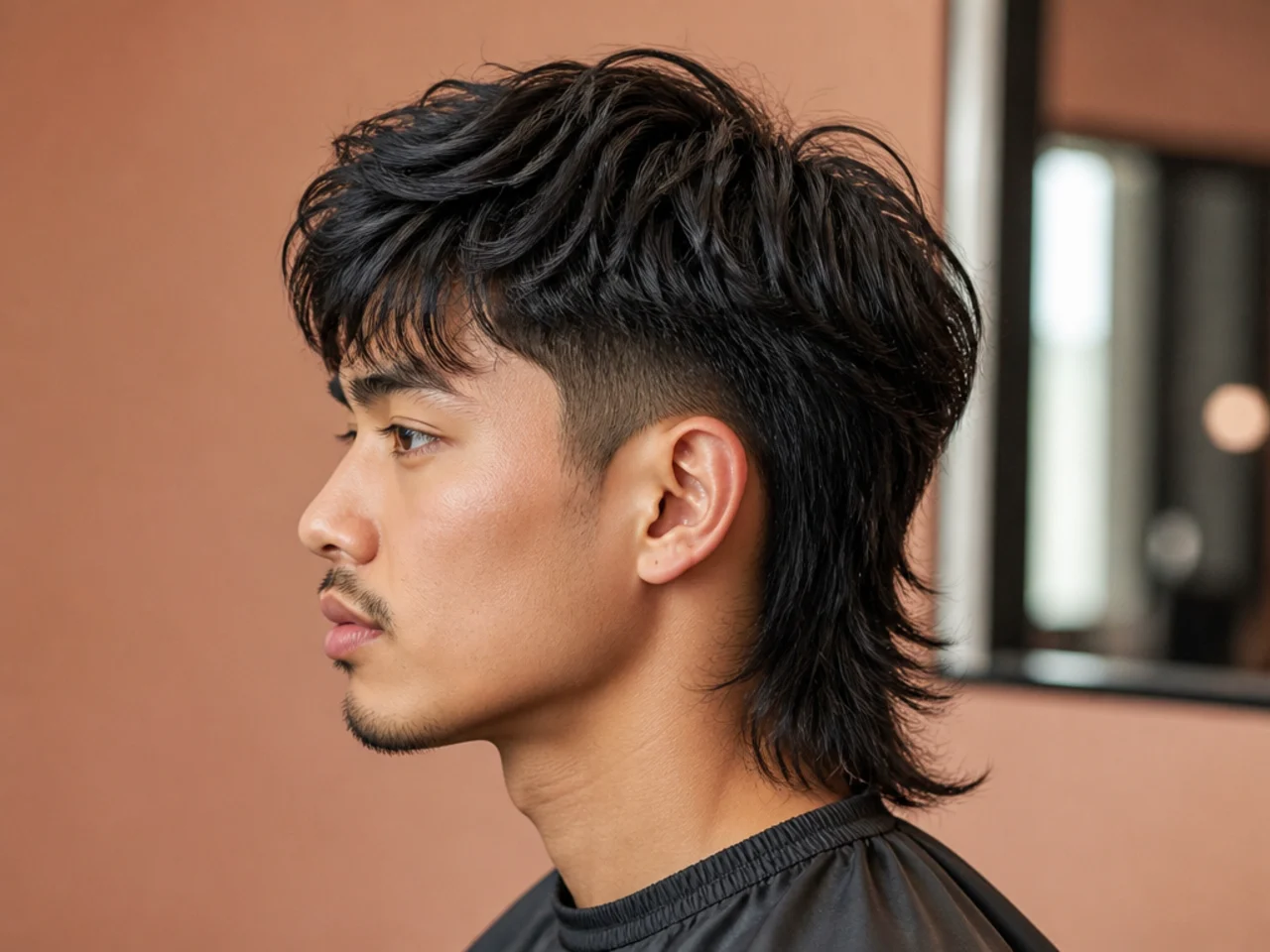 Two block mullet haircut on straight dark hair — hidden buzzed sides under a longer top layer with a three-inch mullet drop at the nape