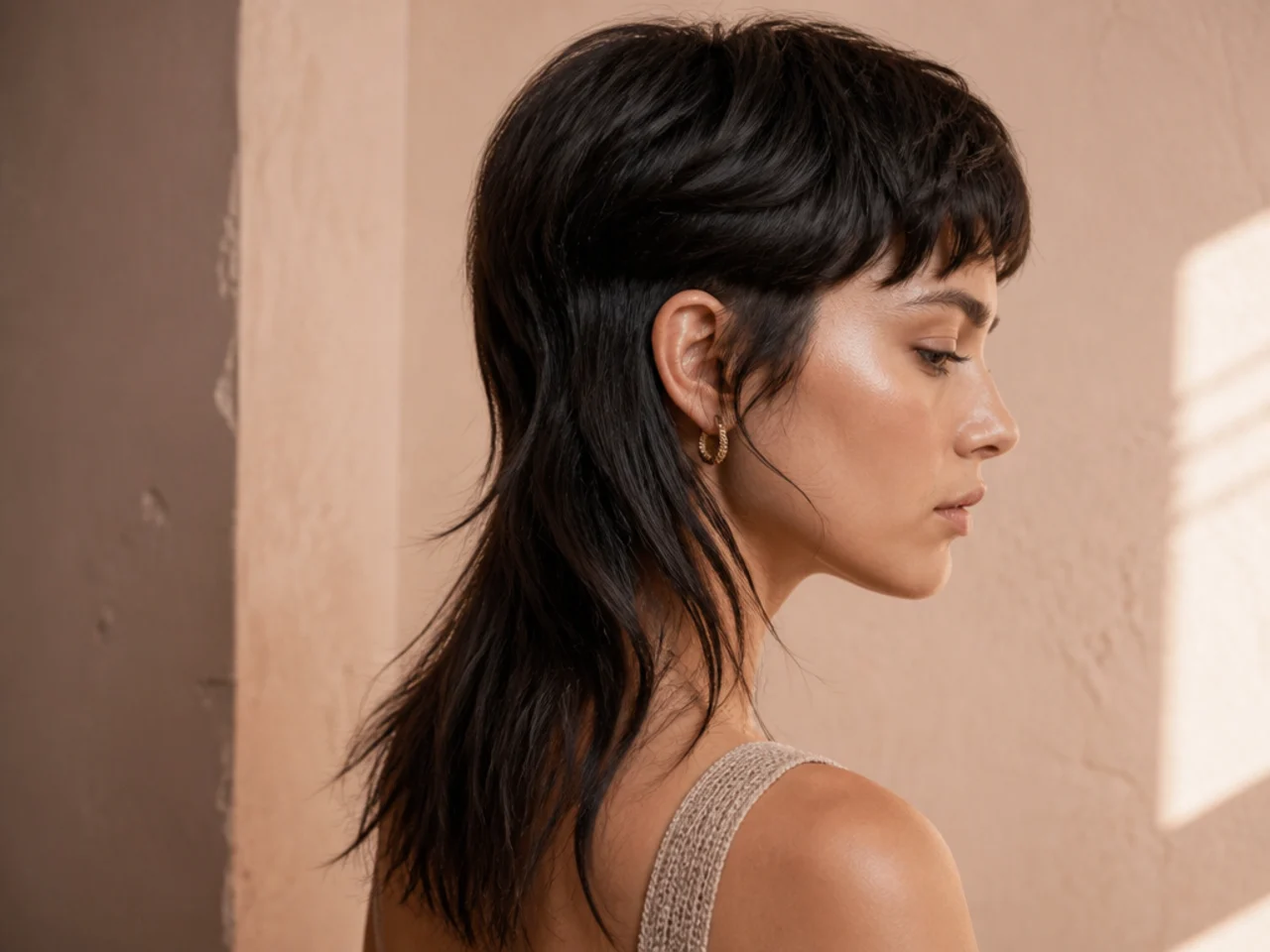 A straight haired mullet with a crisply visible disconnection