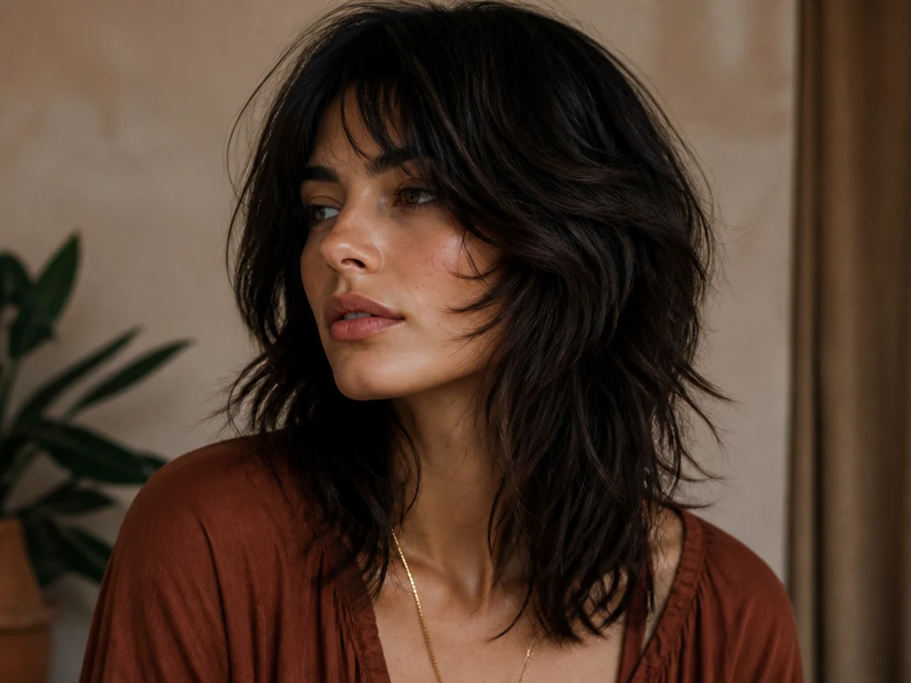A wolf cut with face framing layers adding width at cheekbone level